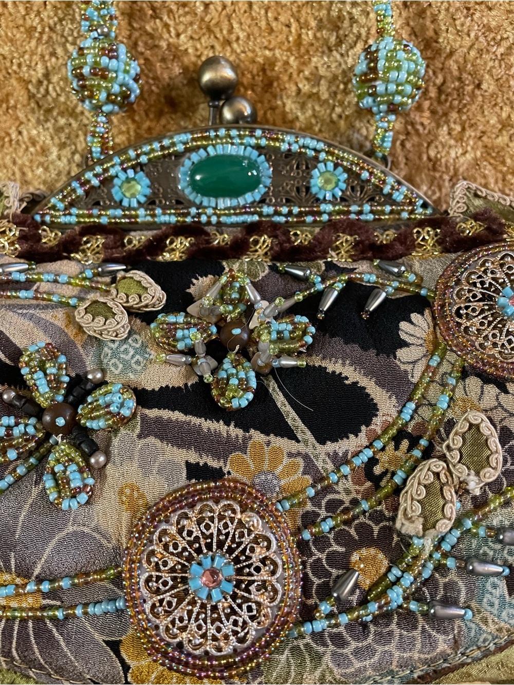 Mary Frances Olive Green and Turquoise Beaded Floral Evening Clutch excellent - Picture 2 of 9